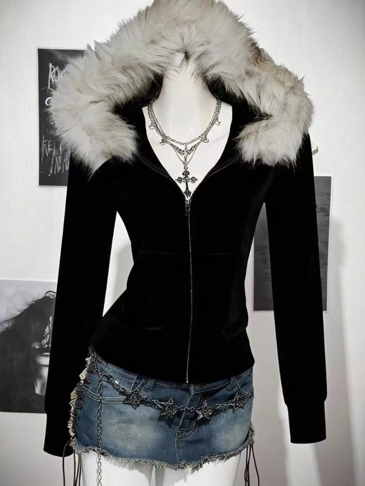 Vintage Zip Hoodie - Veste à capuche en fausse fourrure